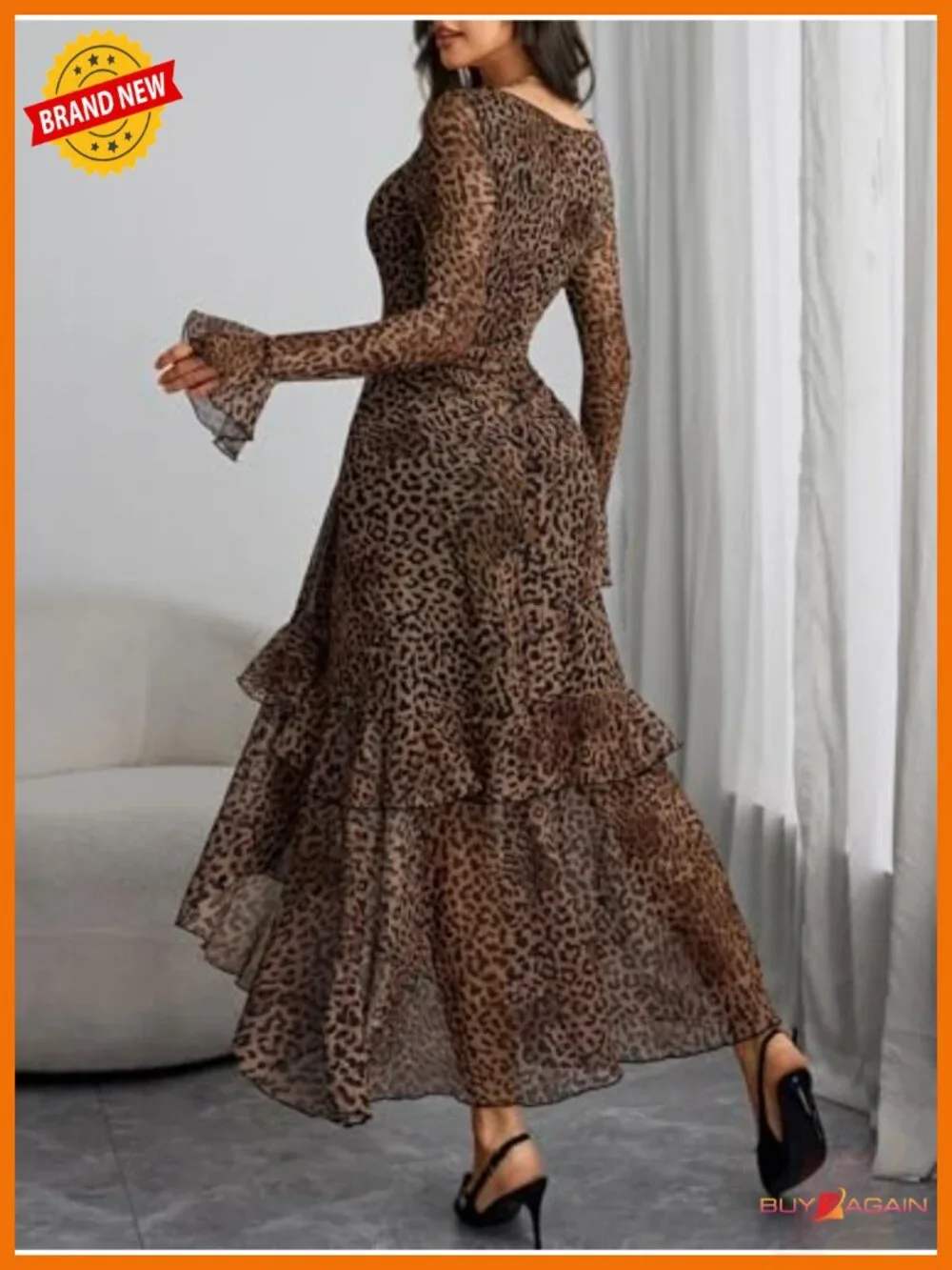 Women's Floral Mesh Square Neck Bell Sleeve High Low Maxi Dress
